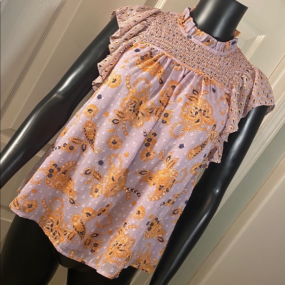 Maison D’Amelie Tops - Elegant Purple and Orange Blouse with Ruffle Sleeves